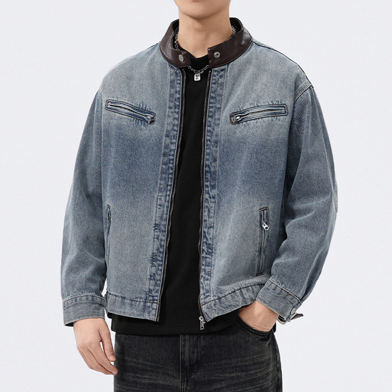 Riding Jacket Leather - Jaqueta Jeans Masculina com Gola de